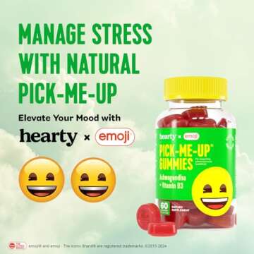 HEARTY Mood Support Supplement Gummies, Organic Ashwagandha Gummies for Women & Men, Mood Gummies for Kids, Chewable Vitamin D Gummy, Vegan Vitamin D3 Energy Supplements, 60 Count