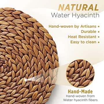 (Sizes: 12"-13"-14") BLUEWEST Woven Placemats, Brown Round Rattan Placemats Set of 6, Wicker Water H...