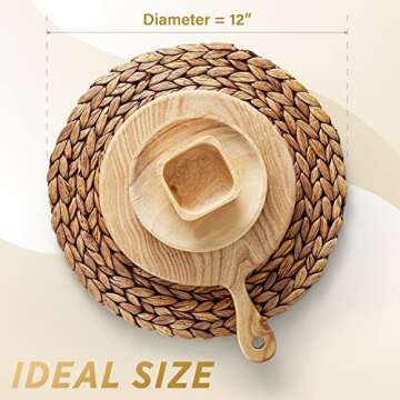 (Sizes: 12"-13"-14") BLUEWEST Woven Placemats, Brown Round Rattan Placemats Set of 6, Wicker Water Hyacinth Placemats, Braided Placemats, Heat Resistant/Anti-Slip for Dining Table (12" - Set of 6)