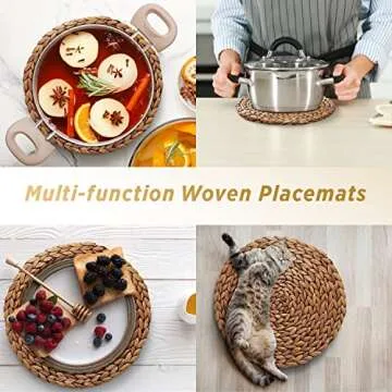 (Sizes: 12"-13"-14") BLUEWEST Woven Placemats, Brown Round Rattan Placemats Set of 6, Wicker Water Hyacinth Placemats, Braided Placemats, Heat Resistant/Anti-Slip for Dining Table (12" - Set of 6)