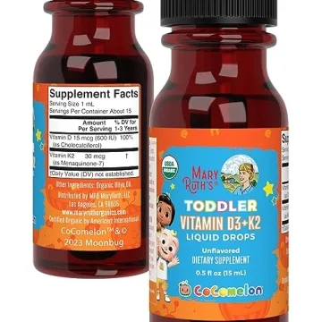 MaryRuth Organics CoComelon Vitamin D3 K2 Liquid Drops for Toddlers | Vitamin K2 D3 Supplement for Kids Ages 1-3 | Calcium Absorption | Strong Bones | USDA Organic | Sugar Free | 15 mL