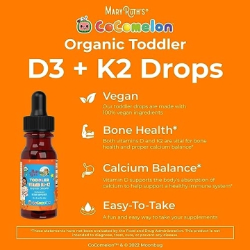 MaryRuth Organics CoComelon Vitamin D3 K2 Liquid Drops for Toddlers | Vitamin K2 D3 Supplement for Kids Ages 1-3 | Calcium Absorption | Strong Bones | USDA Organic | Sugar Free | 15 mL