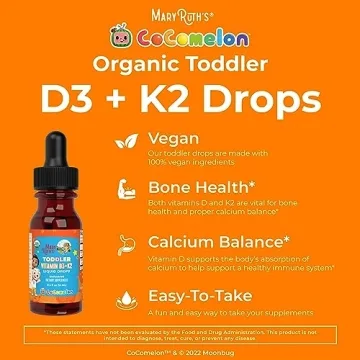 MaryRuth Organics CoComelon Vitamin D3 K2 Liquid Drops for Toddlers | Vitamin K2 D3 Supplement for Kids Ages 1-3 | Calcium Absorption | Strong Bones | USDA Organic | Sugar Free | 15 mL