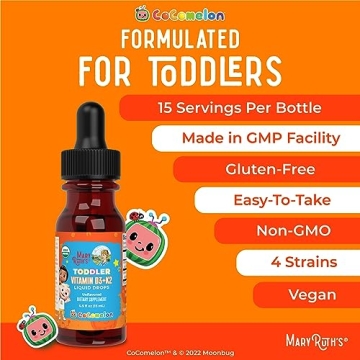 MaryRuth Organics CoComelon Vitamin D3 K2 Liquid Drops for Toddlers | Vitamin K2 D3 Supplement for Kids Ages 1-3 | Calcium Absorption | Strong Bones | USDA Organic | Sugar Free | 15 mL