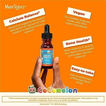 MaryRuth Organics CoComelon Vitamin D3 K2 Liquid Drops for Toddlers | Vitamin K2 D3 Supplement for Kids Ages 1-3 | Calcium Absorption | Strong Bones | USDA Organic | Sugar Free | 15 mL