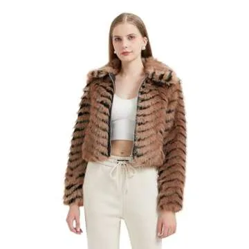 GRAN ORIENTE Women Faux Fur Leopard Print Cropped Jacket,Fleece Fluffy Leather Lined Zip Up Coat (GK084 Brown, L)