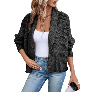 Yingkis Women's Cardigan Sweaters Fall Winter Open Front Batwing Long Sleeve Shawl Neck Chunky Knit Loose Outwear Coats