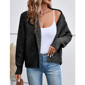 Yingkis Women's Cardigan Sweaters Fall Winter Open Front Batwing Long Sleeve Shawl Neck Chunky Knit Loose Outwear Coats