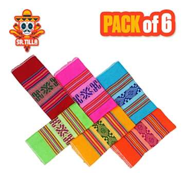 Set of 6 Colored Cotton Table Cloth Napkins, Mexican Authentic Fiesta Cloth Napkins, 100% Cotton Mex...