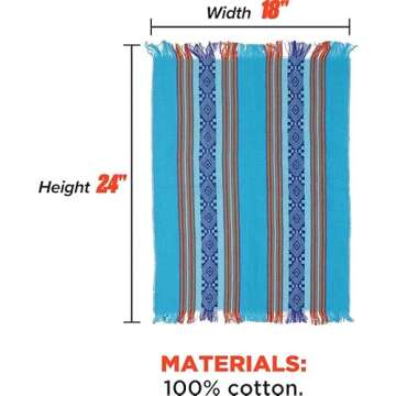 Set of 6 Colored Cotton Table Cloth Napkins, Mexican Authentic Fiesta Cloth Napkins, 100% Cotton Mexican Party