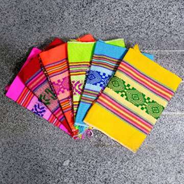 Set of 6 Colored Cotton Table Cloth Napkins, Mexican Authentic Fiesta Cloth Napkins, 100% Cotton Mexican Party