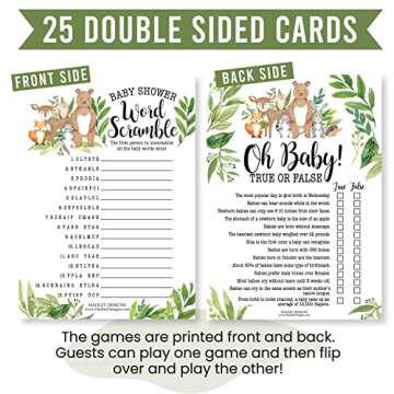 Hadley Designs Hilarious Baby Shower Games Set – 25 Double-Sided Cards for 25 Guests, 2 Games, Word Scramble Baby Shower Game, True or False, Gender Neutral and Fun for Boys & Girls (Woodland)