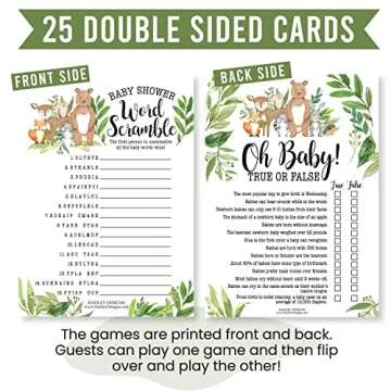 Hadley Designs Hilarious Baby Shower Games Set – 25 Double-Sided Cards for 25 Guests, 2 Games, Word Scramble Baby Shower Game, True or False, Gender Neutral and Fun for Boys & Girls (Woodland)
