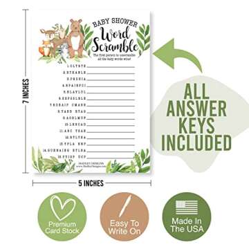 Hadley Designs Hilarious Baby Shower Games Set – 25 Double-Sided Cards for 25 Guests, 2 Games, Word Scramble Baby Shower Game, True or False, Gender Neutral and Fun for Boys & Girls (Woodland)