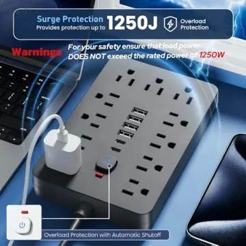 JouleLoom 5 FT Flat Plug Surge Protector with USB Ports