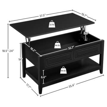Yaheetech Lift Top Coffee Table with Hidden Compartment and Open Storage Shelf, Retro Center Coffee Table, Rising Tabletop Center Table for Living Room Reception, 37.5in, Black