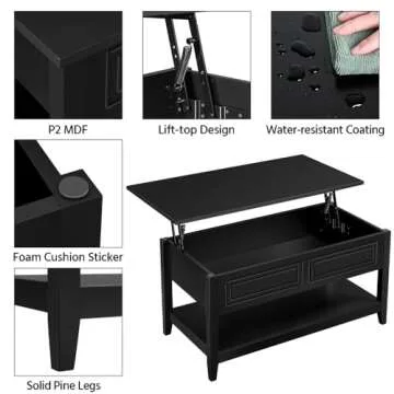 Yaheetech Lift Top Coffee Table with Hidden Compartment and Open Storage Shelf, Retro Center Coffee Table, Rising Tabletop Center Table for Living Room Reception, 37.5in, Black