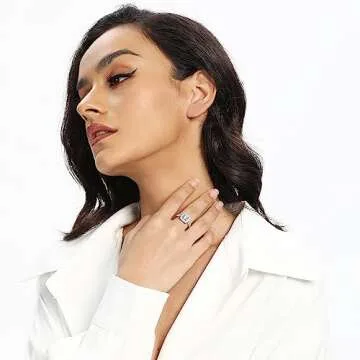 MDFUN 18K White Gold Plated Cubic Zirconia Two-In-One Halo Wedding Engagement Promise Eternity Ring ...