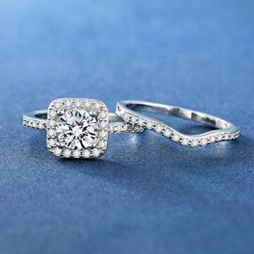 MDFUN 18K White Gold Plated Cubic Zirconia Two-In-One Halo Wedding Engagement Promise Eternity Ring for Women Size 7