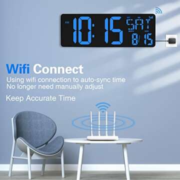 XREXS Large Digital Wall Clock WiFi Sync - 16.5" LED Display for Home & Office