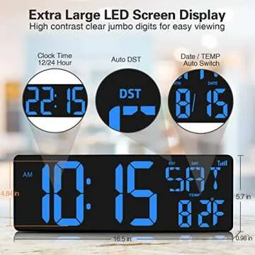 XREXS 16.5" Digital Wall Clock with Temperature Display