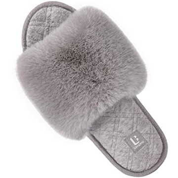LongBay Women's Fuzzy Faux Fur Memory Foam Slippers Gray