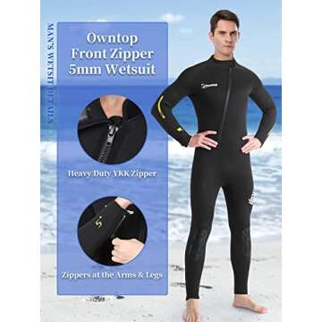 Owntop 5mm Neoprene Wetsuit for Men - Full Diving Suits Stretch Long Sleeve One Piece Dive Skin Front Zip UPF50+ Thermal Thicken Swimwear for Scuba Surfing Swimming Snorkeling Water Sports, M