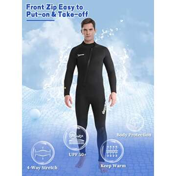 Owntop 5mm Neoprene Wetsuit for Men - Full Diving Suits Stretch Long Sleeve One Piece Dive Skin Front Zip UPF50+ Thermal Thicken Swimwear for Scuba Surfing Swimming Snorkeling Water Sports, M