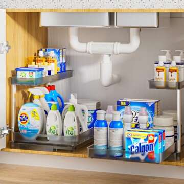 Delamu 2 Pack Under Sink Organizer, 11.38" Width Pull Out Cabinet Organizer, Slide Out Under Sink Storage Shelves, Undersink Organizers Shelf for Kitchen Bathroom Pantry Organization