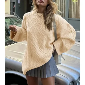 Saodimallsu Womens Oversized Sweaters Cable Knit Chunky Crew Neck Long Sleeve Loose Tunic Pullover Sweater Apricot