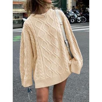 Saodimallsu Womens Oversized Sweaters Cable Knit Chunky Crew Neck Long Sleeve Loose Tunic Pullover Sweater Apricot