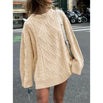 Saodimallsu Womens Oversized Sweaters Cable Knit Chunky Crew Neck Long Sleeve Loose Tunic Pullover Sweater Apricot