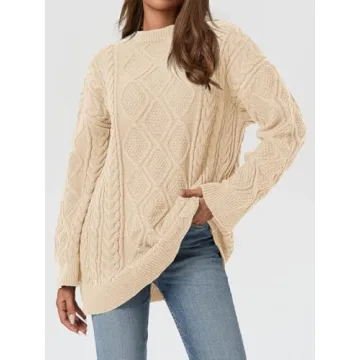 Saodimallsu Womens Oversized Sweaters Cable Knit Chunky Crew Neck Long Sleeve Loose Tunic Pullover Sweater Apricot