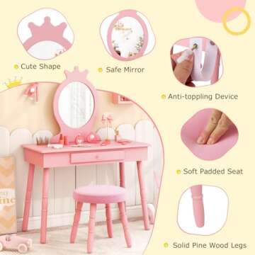 HONEY JOY Pink Crown Makeup Vanity Set for Girls