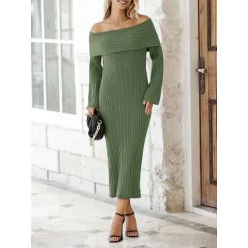Saodimallsu Womens Off Shoulder Maxi Sweater Dress Long Sleeve Bodycon Sexy Elegant Cocktail Party Knit Dresses Army Green