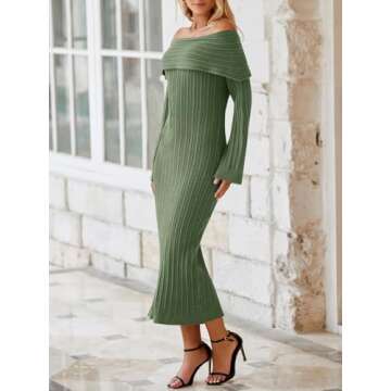 Saodimallsu Womens Off Shoulder Maxi Sweater Dress Long Sleeve Bodycon Sexy Elegant Cocktail Party Knit Dresses Army Green