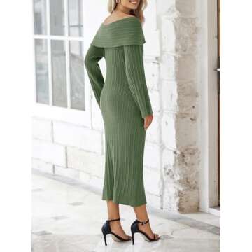 Saodimallsu Womens Off Shoulder Maxi Sweater Dress Long Sleeve Bodycon Sexy Elegant Cocktail Party Knit Dresses Army Green