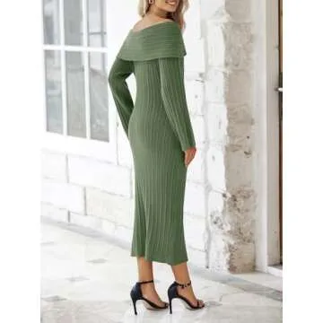 Saodimallsu Womens Off Shoulder Maxi Sweater Dress Long Sleeve Bodycon Sexy Elegant Cocktail Party Knit Dresses Army Green