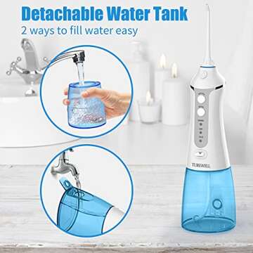 TUREWELL Water Flossing Dental Oral Irrigator - 300ML Portable and Rechargeable IPX7 Waterproof 3 Modes Water Cordless Oral Irrigator Flosser Teeth Cleaner for Travel & Family(White)