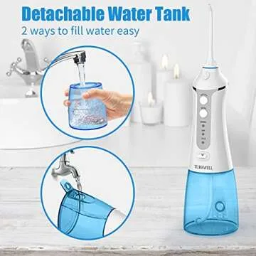 TUREWELL Water Flossing Dental Oral Irrigator - 300ML Portable and Rechargeable IPX7 Waterproof 3 Modes Water Cordless Oral Irrigator Flosser Teeth Cleaner for Travel & Family(White)
