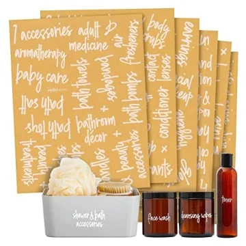Talented Kitchen 192 Preprinted Bathroom Labels for Containers - White Script Stickers for Organizer...