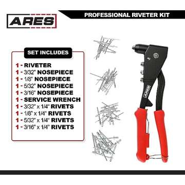 ARES 70017 - Professional Pop Rivet Gun with 60 Rivets - Rivet Sizes 3/32-inch, 1/8-inch, 5/32-inch,...