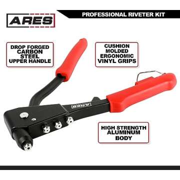 ARES 70017 - Professional Pop Rivet Gun with 60 Rivets - Rivet Sizes 3/32-inch, 1/8-inch, 5/32-inch, & 3/16-inch - Applications Include Sheet Metal, Automotive, and Duct Work