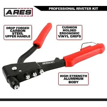 ARES 70017 - Professional Pop Rivet Gun with 60 Rivets - Rivet Sizes 3/32-inch, 1/8-inch, 5/32-inch, & 3/16-inch - Applications Include Sheet Metal, Automotive, and Duct Work