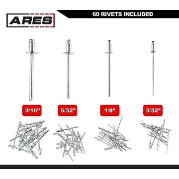 ARES 70017 - Professional Pop Rivet Gun with 60 Rivets - Rivet Sizes 3/32-inch, 1/8-inch, 5/32-inch, & 3/16-inch - Applications Include Sheet Metal, Automotive, and Duct Work