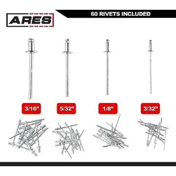 ARES 70017 - Professional Pop Rivet Gun with 60 Rivets - Rivet Sizes 3/32-inch, 1/8-inch, 5/32-inch, & 3/16-inch - Applications Include Sheet Metal, Automotive, and Duct Work