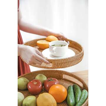 HITOMEN 11.8'' Hand-Woven Round Rattan Serving Tray Decorative Wicker Trays with Handles for Coffee Table (Natural-M)