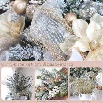 Sea Team 24-Pack Artificial Glitter Berry Stem Ornaments, Decorative Bead Sticks, Glittery Twigs, Picks, Branches for Christmas Tree, Small Vase, Holiday, Wedding, Party (17 Inches, Rose Gold)