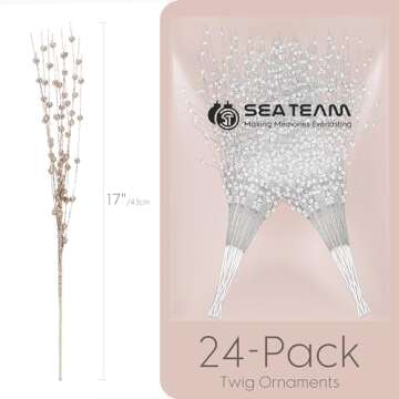 Sea Team 24-Pack Artificial Glitter Berry Stem Ornaments, Decorative Bead Sticks, Glittery Twigs, Picks, Branches for Christmas Tree, Small Vase, Holiday, Wedding, Party (17 Inches, Rose Gold)