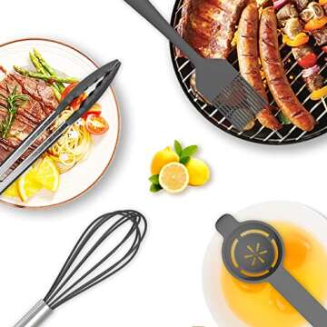 Dishwasher Safe Silicone Cooking Utensils Set - 446°F Heat Resistant Basic Silicone Kitchen Utensils,Turner Tongs, Spatula, Spoon, Brush, Whisk, Gadgets Tools for Nonstick Cookware (BPA Free - Grey)